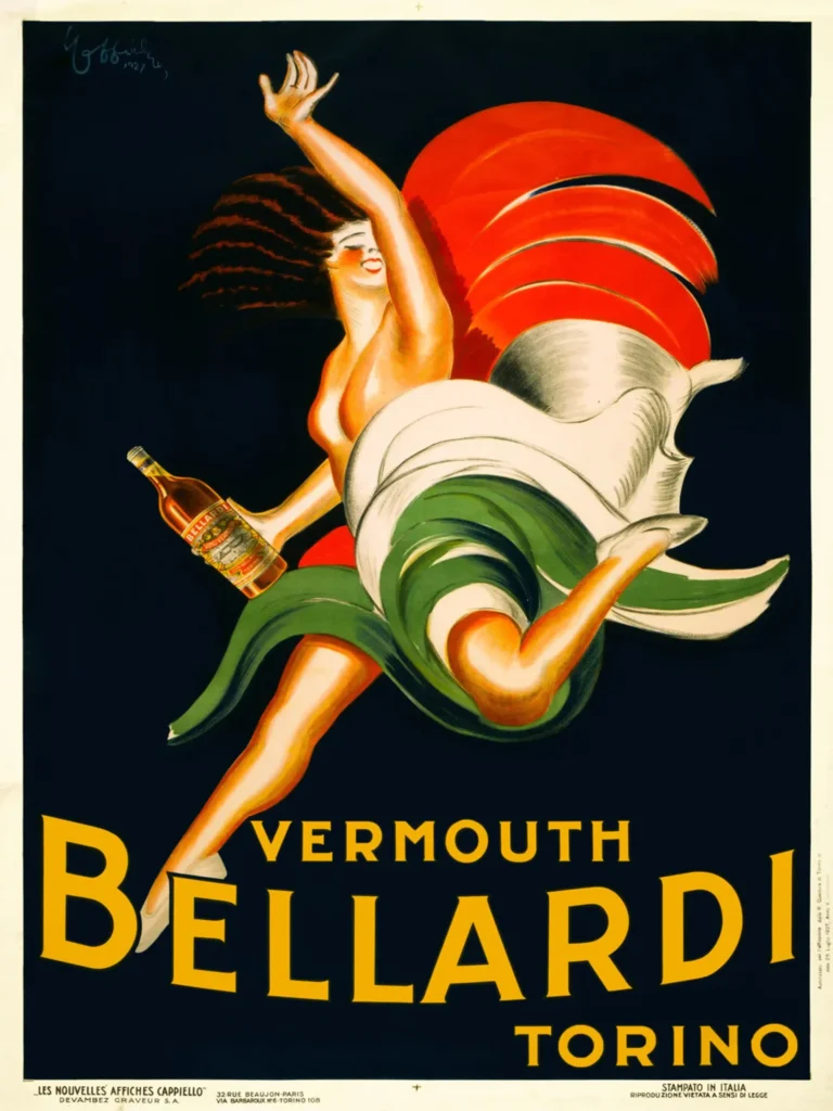 Vermouth Bellardi Torino 1927 — dynamic 1927 Leonetto Cappiello illustration featuring a woman in a