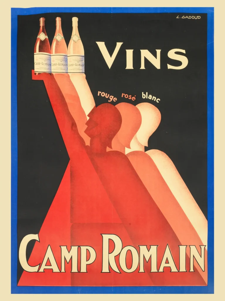 Vins Camp Romain Wine Advertising — three stylized figures in red, pink, and white silhouettes hold aloft
