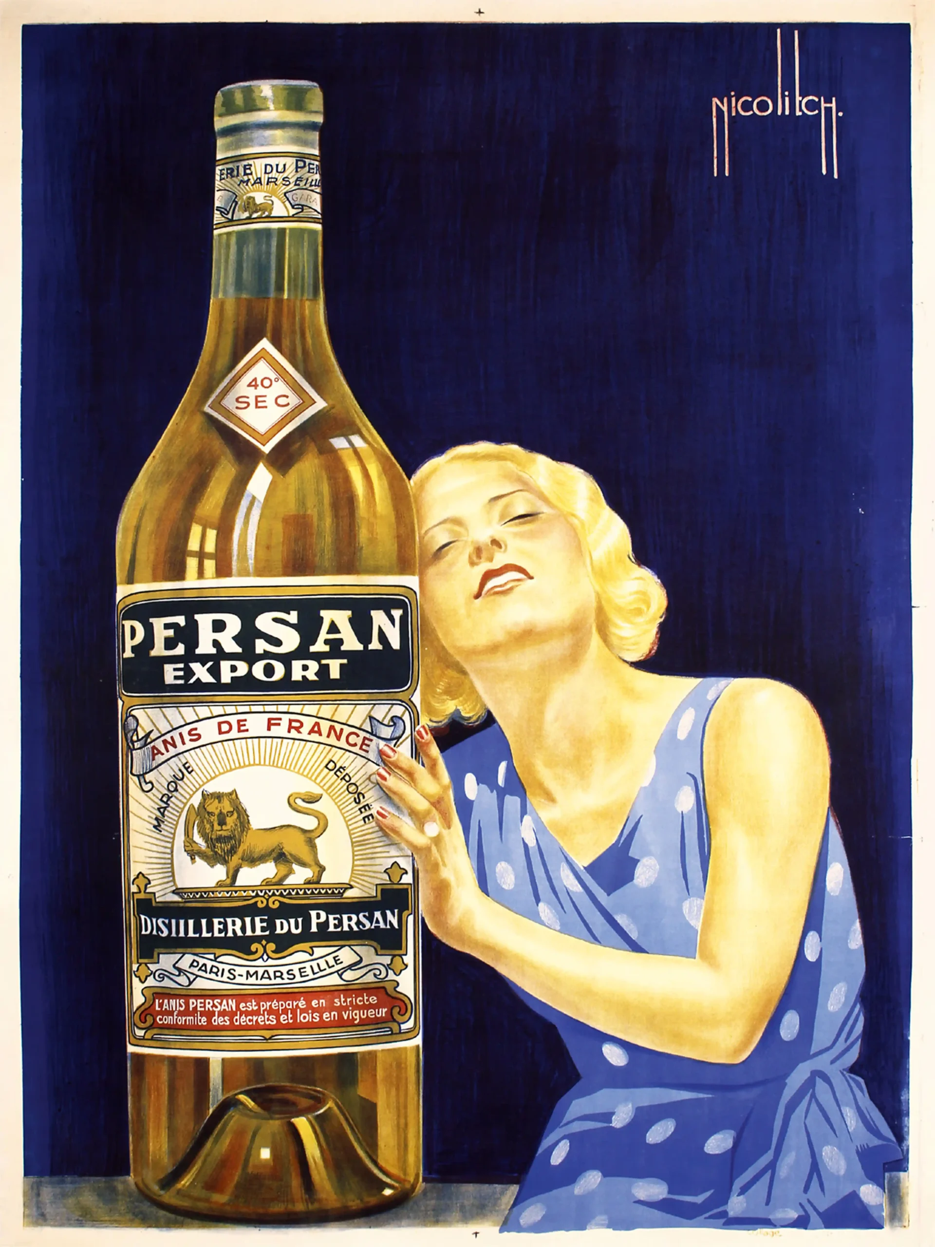Vintage 1930s French Persan Anis Liquor Poster by Nicolitch - Art Deco Advertisement