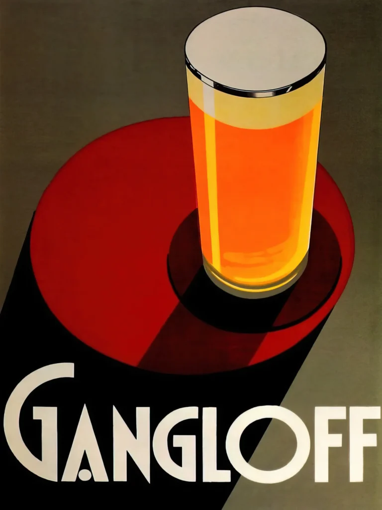 Gangloff Beer Deco Advertising — golden glass of beer sits atop a vibrant red circular table with bold