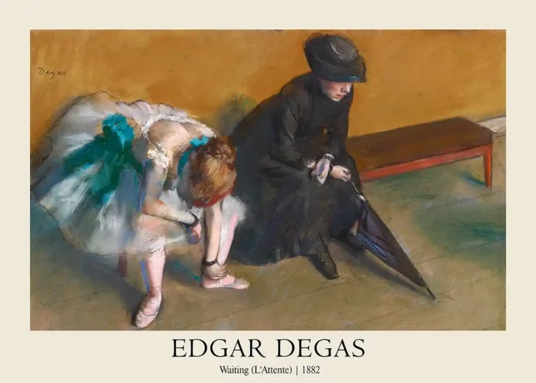 Edgar Degas Waiting L'attente — 1882 pastel study by Edgar Degas featuring a ballerina adjusting her