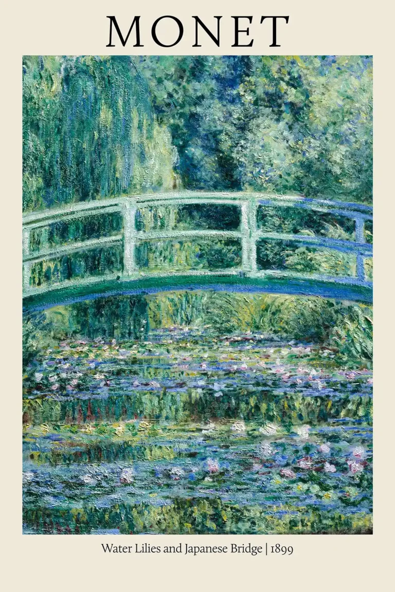 Claude Monet Japanese Bridge — lush Impressionist scene featuring the iconic green footbridge arching
