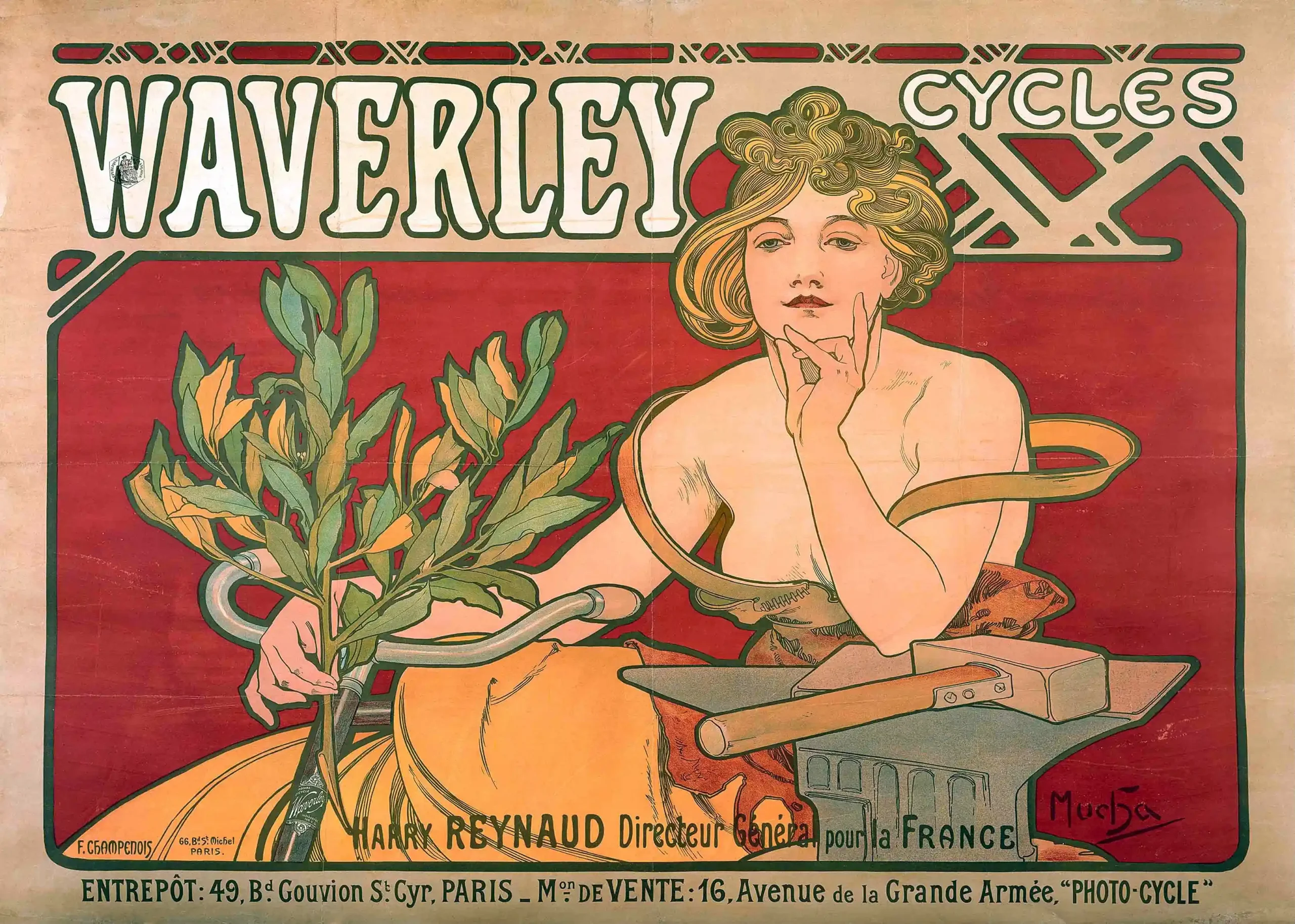 Alphonse Mucha Waverley Cycles Poster (1898) | Vintage Art Nouveau Print