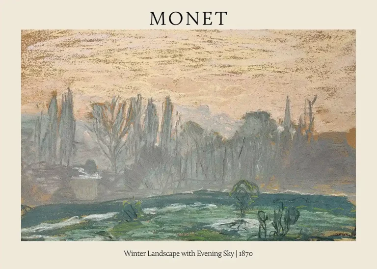 Monet Winter Landscape Evening — serene 1870 Impressionist scene by Claude Monet featuring a