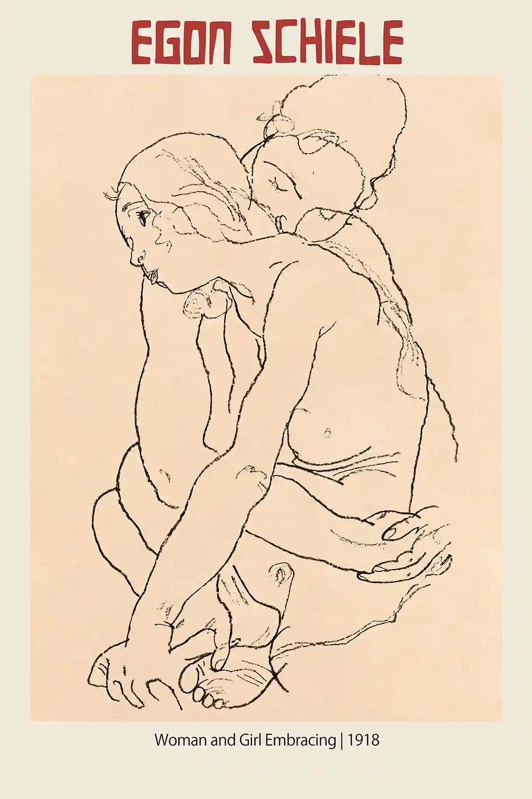Egon Schiele Woman and Girl Embracing (1918) Expressionist Drawing Poster Print