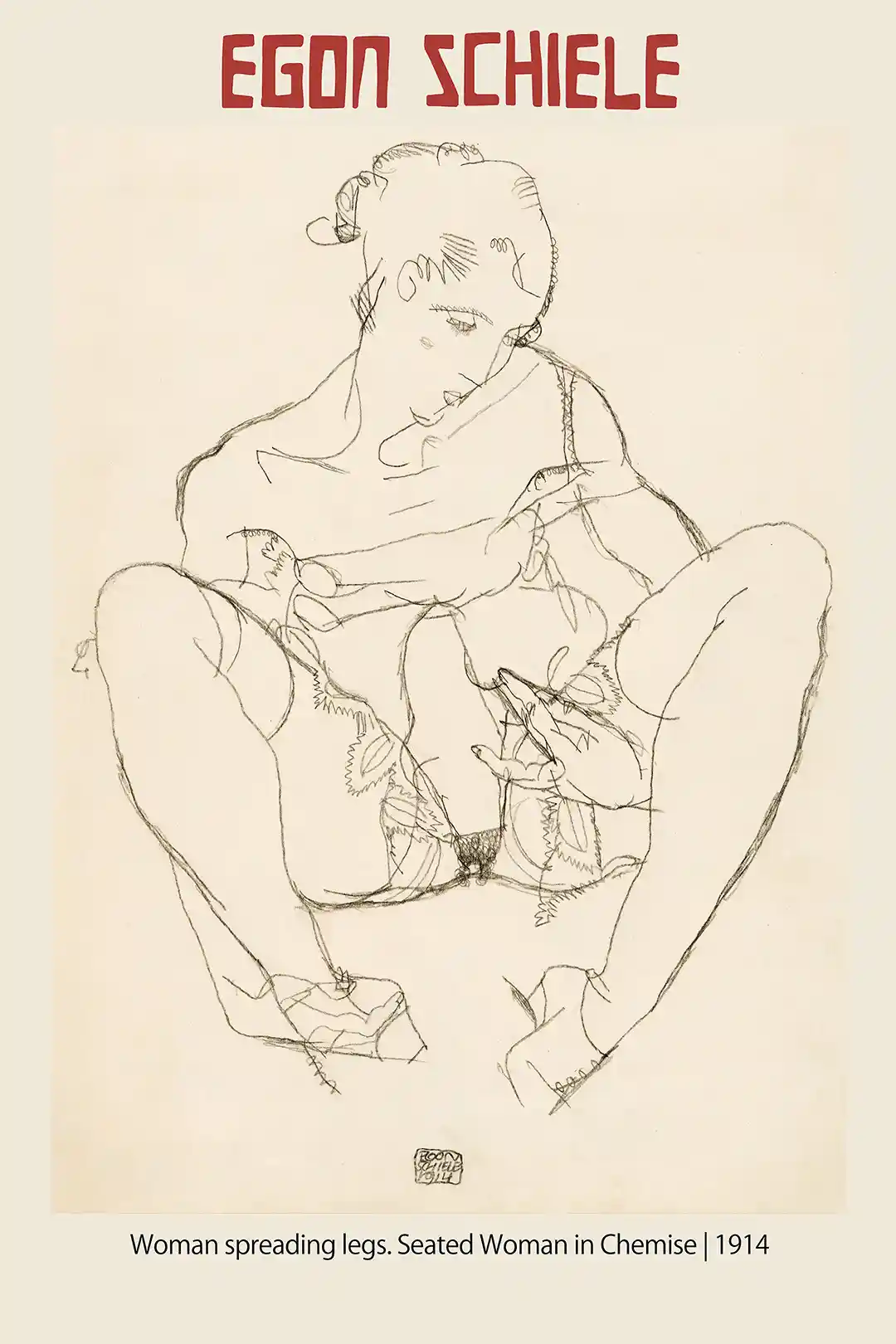 Egon Schiele Poster: Seated Woman in Chemise (1914) Expressive Line Art Print