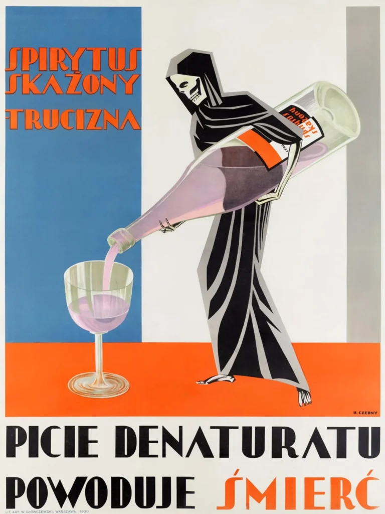Anti Alcohol Propaganda — 1930 Polish propaganda poster featuring a skeletal figure pouring