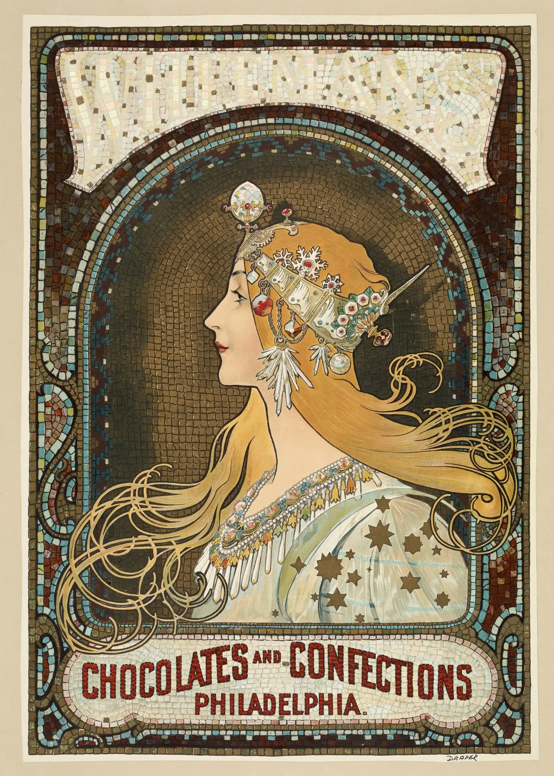 Vintage Art Nouveau Poster: Jeweled Woman Profile & Mosaic | Chocolates and Confections Ad Reproduction