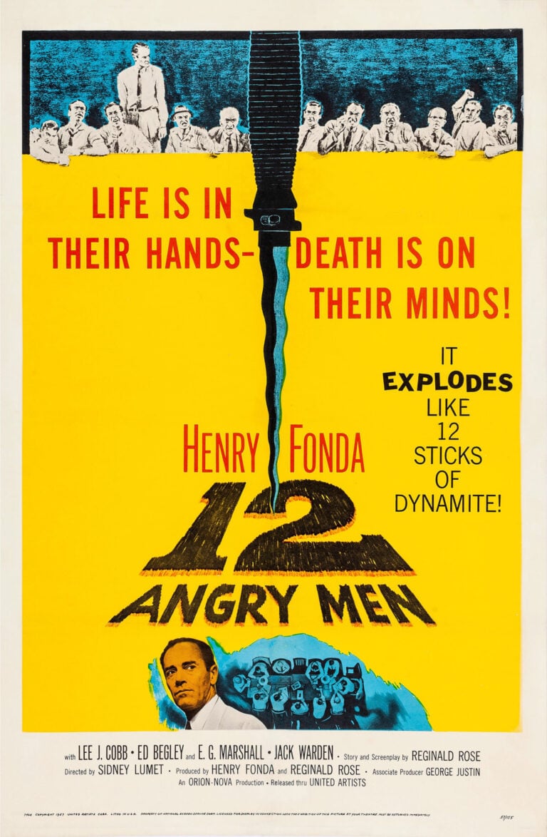 12 Angry Men (1957) movie poster featuring Henry Fonda and the jury on a vibrant yellow background split by a jagged black design.