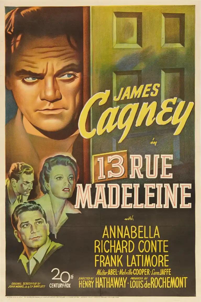 13 Rue Madeleine (1947) classic movie poster featuring a close-up of James Cagney looking intensely from behind a closed door.
