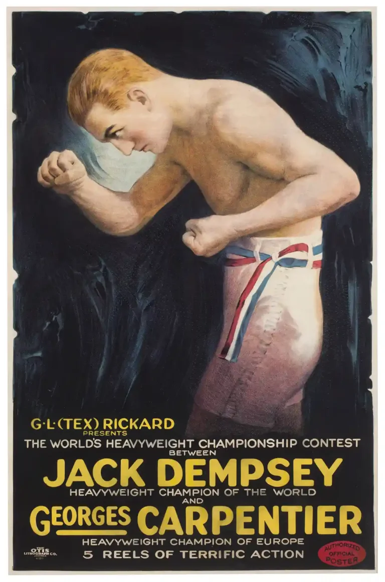 Jack Dempsey vs Georges Carpentier vintage boxing poster featuring a dramatic illustration of a fighter in a classical striking pose.
