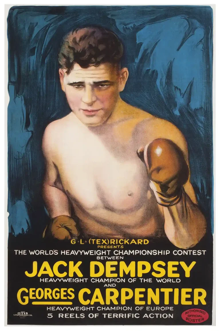 Jack Dempsey vs Georges Carpentier Boxing poster featuring an intense, vintage portrait of the heavyweight champion in his gloves.