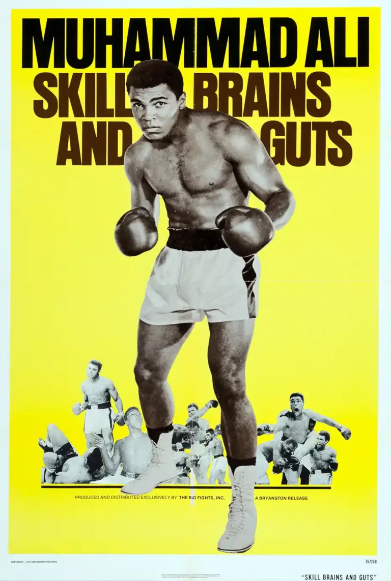 Muhammad Ali celebrity movie poster featuring the boxer in a fighting stance against a bright yellow, vintage background.
