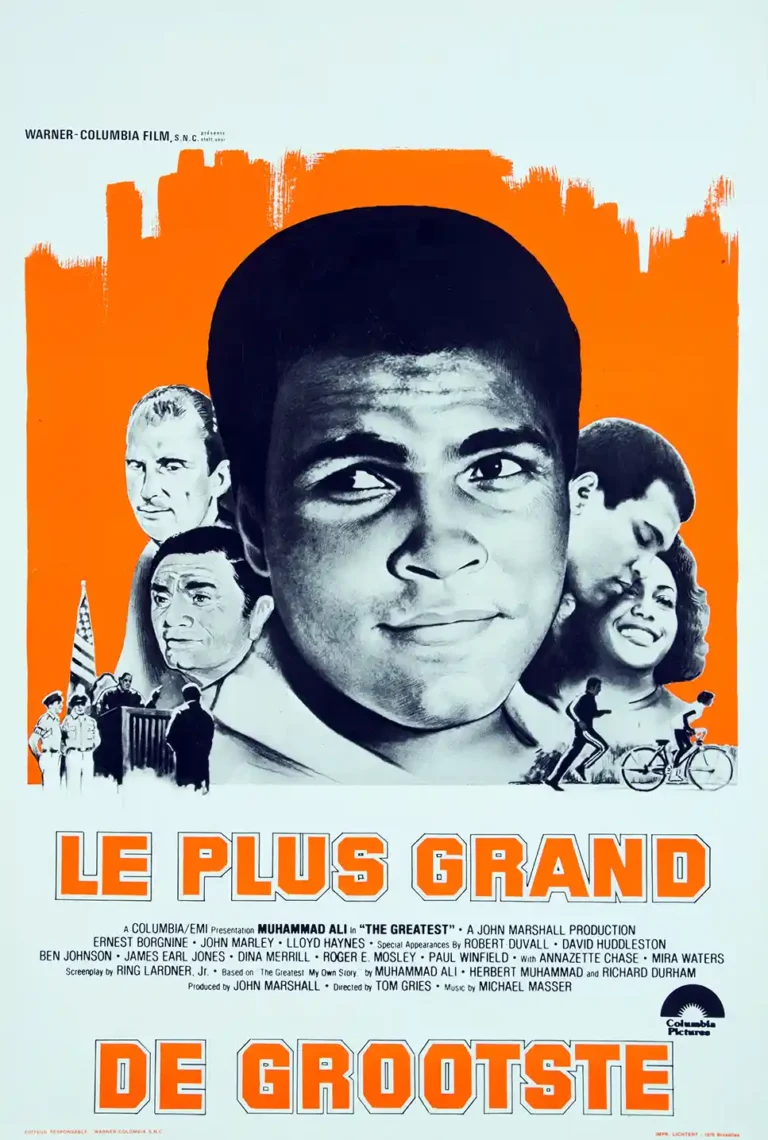 Muhammad Ali 'The Greatest' movie poster featuring a large black and white portrait of Ali against a striking orange backdrop with film credits.