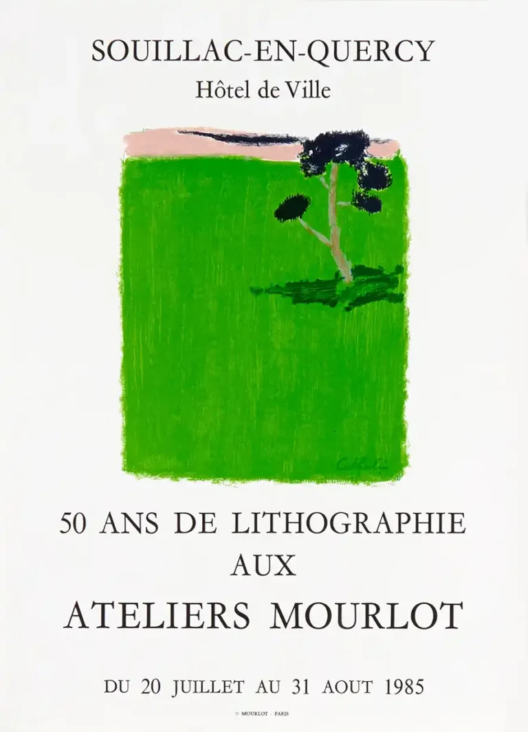 Bernard Cathelin 1985 exhibition poster featuring a minimalist abstract landscape with a vibrant green textured field, a subtle horizon, and a small dark tree.