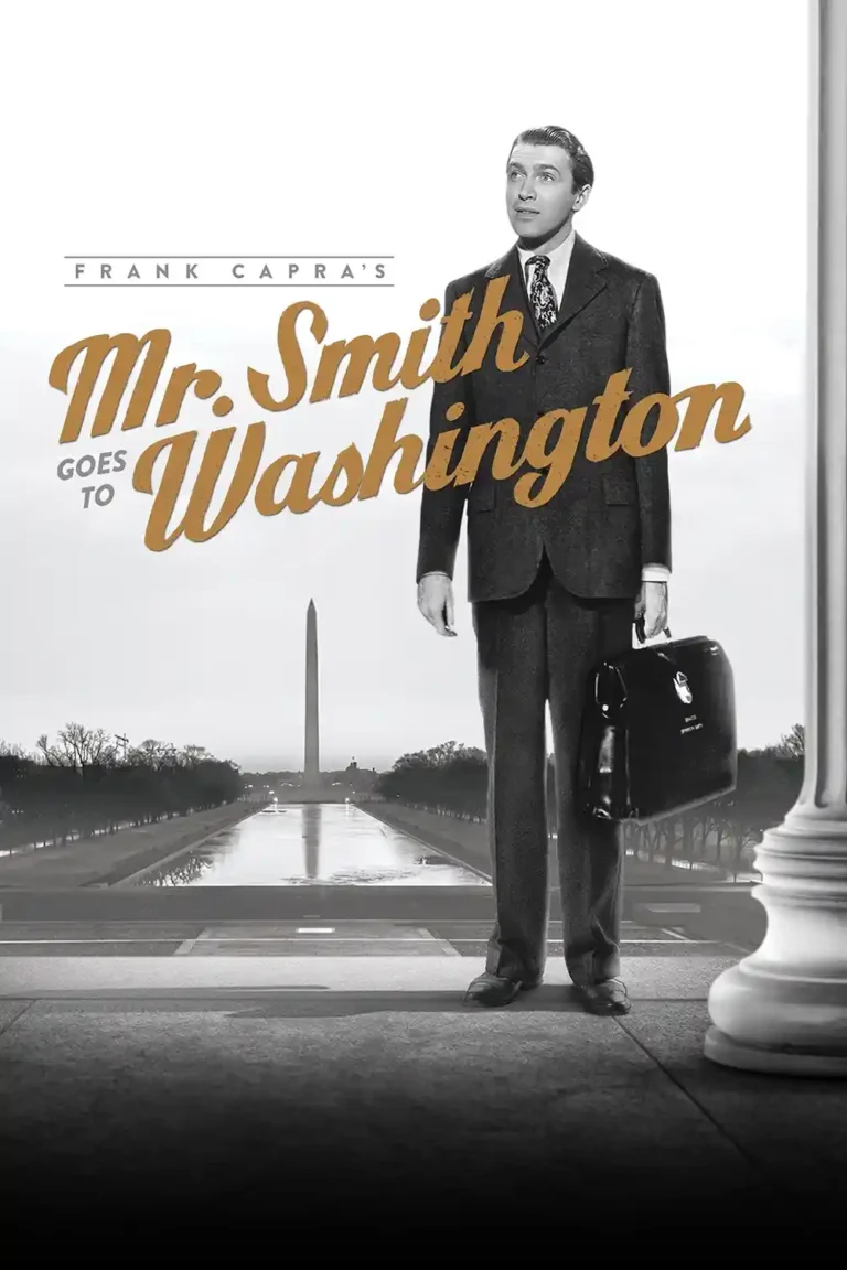 Mr. Smith Goes to Washington Movie poster featuring James Stewart standing against a black and white backdrop of the Washington Monument.