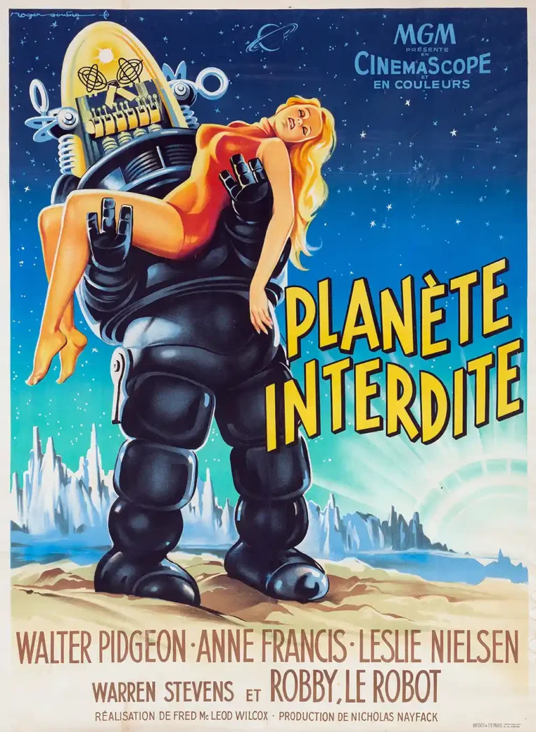 Forbidden Planet (Planète Interdite) French movie poster featuring the iconic Robby the Robot carrying a blonde woman in an orange dress.