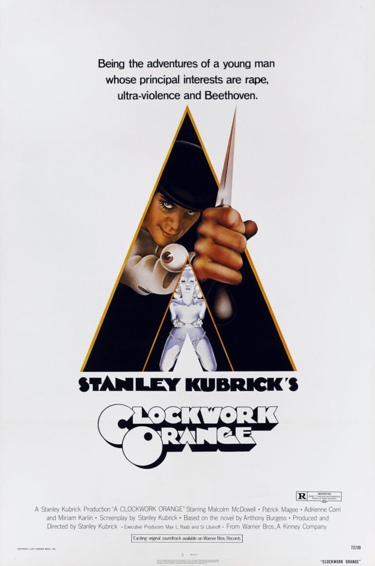 A Clockwork Orange Movie poster featuring Alex DeLarge in a bowler hat holding a knife and an eyeball in an iconic triangular graphic.