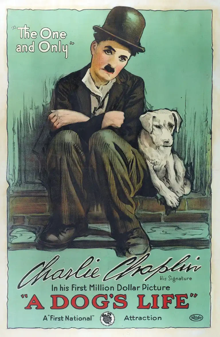 Charlie Chaplin A Dog's Life movie poster featuring The Tramp sitting with his dog, rendered in vintage silent film style with mint green accents.