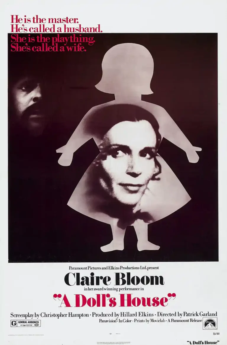 A Doll's House (1973) movie poster featuring Claire Bloom's face inside a white doll silhouette set against a dark, high-contrast background.