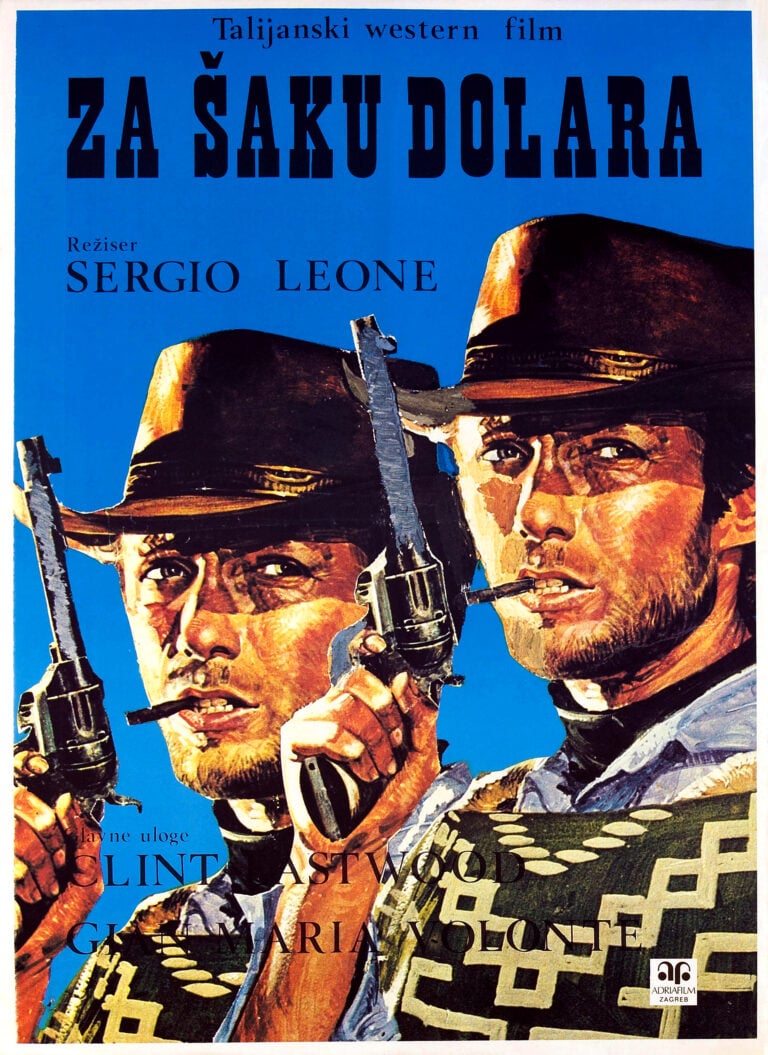 A Fistful of Dollars movie poster featuring a dramatic illustration of Clint Eastwood (Man with No Name) holding a revolver, set against a bright cobalt blue background.