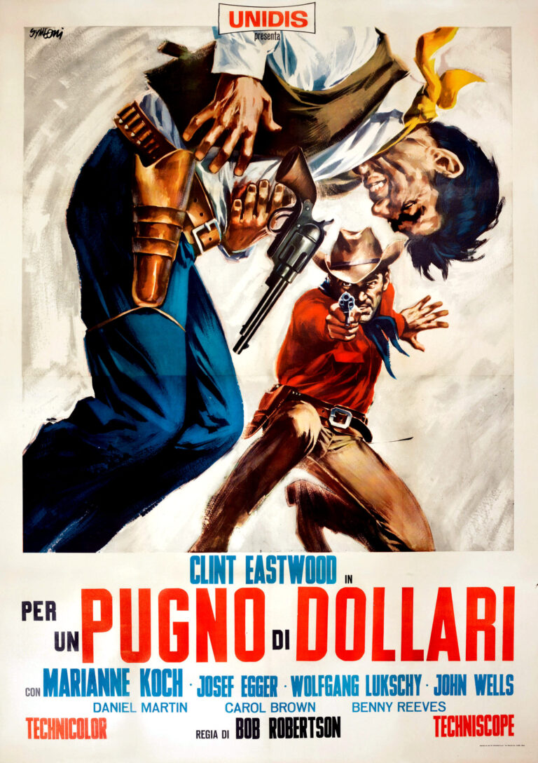 A Fistful of Dollars 1964 Italian movie poster featuring two cowboys in a dramatic gunfight scene, highly stylized painted illustration.