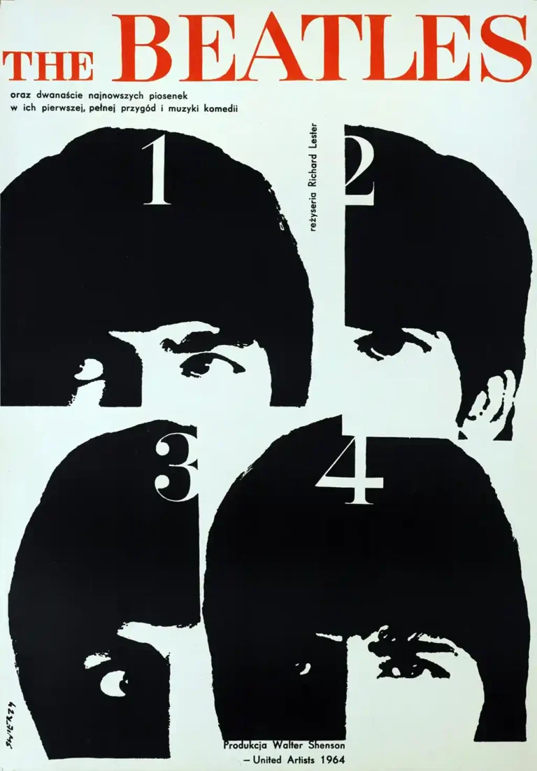 The Beatles A Hard Day's Night Movie poster featuring minimalist black and white graphic art split into four numbered quadrants 1, 2, 3, and 4.