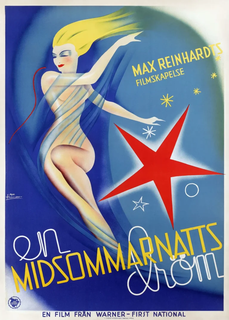 A Midsummer Night's Dream 1935 Swedish movie poster featuring an Art Deco style blonde fairy figure on a deep blue background with a red star.