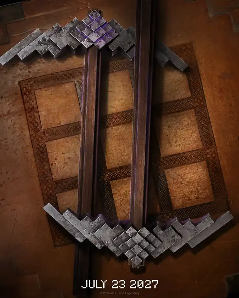 Minecraft Movie 2027 film poster featuring a close-up of a realistic, distressed block-style iron sword over a textured background.