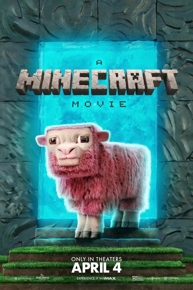 A Minecraft Movie (2025) film poster featuring a realistic, fluffy pink sheep standing in a bright blue, glowing portal entrance.