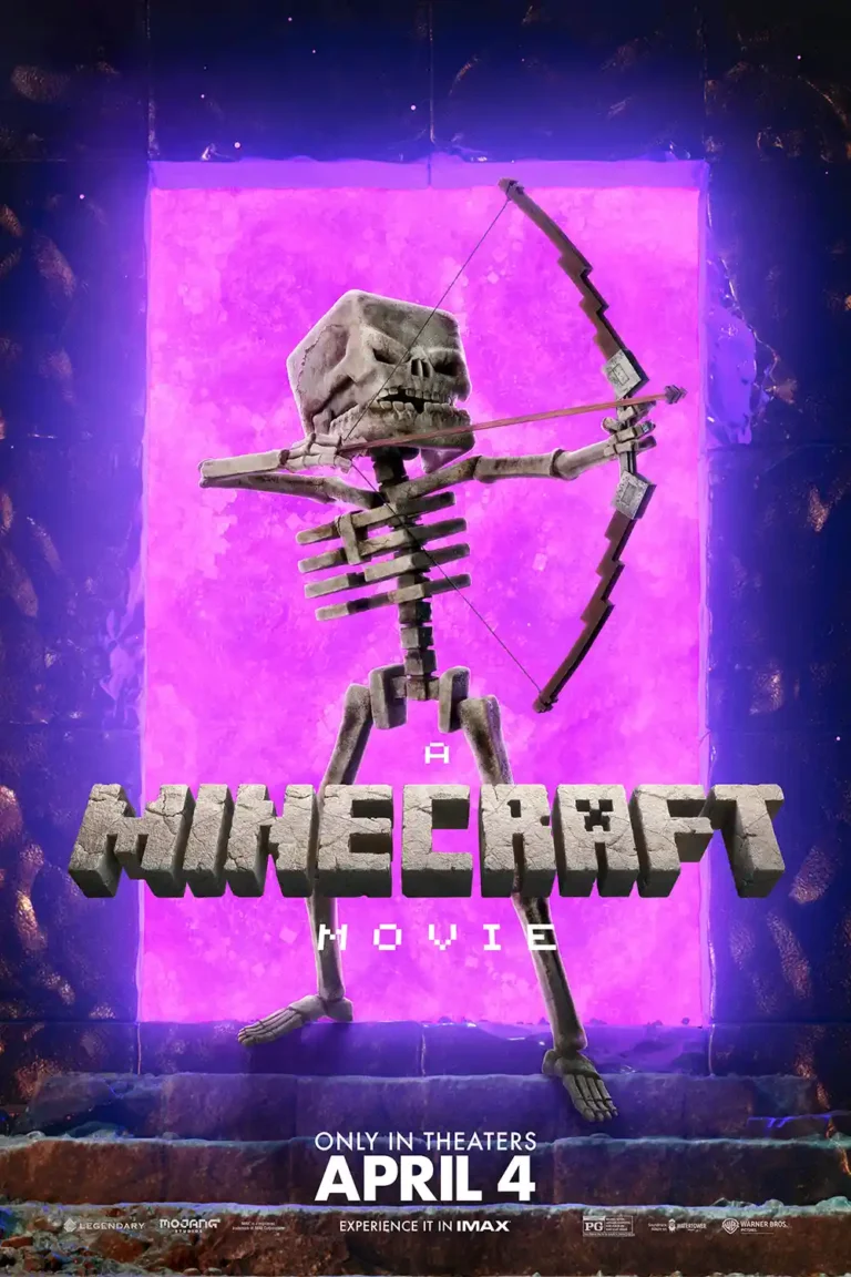 A Minecraft Movie poster featuring a detailed, 3D rendered Skeleton mob drawing a bow against a luminous purple Nether Portal background.