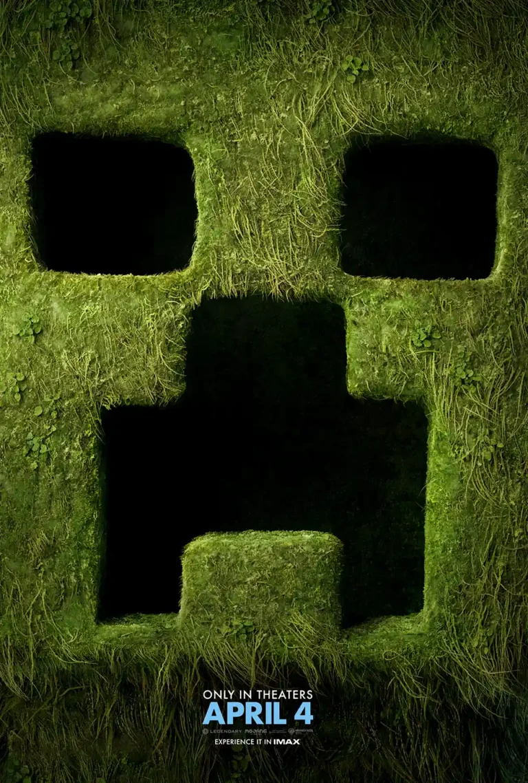 Minecraft Movie poster featuring the iconic Creeper face carved into a dark, realistic texture of moss, roots, and tangled grass, with the release date visible.