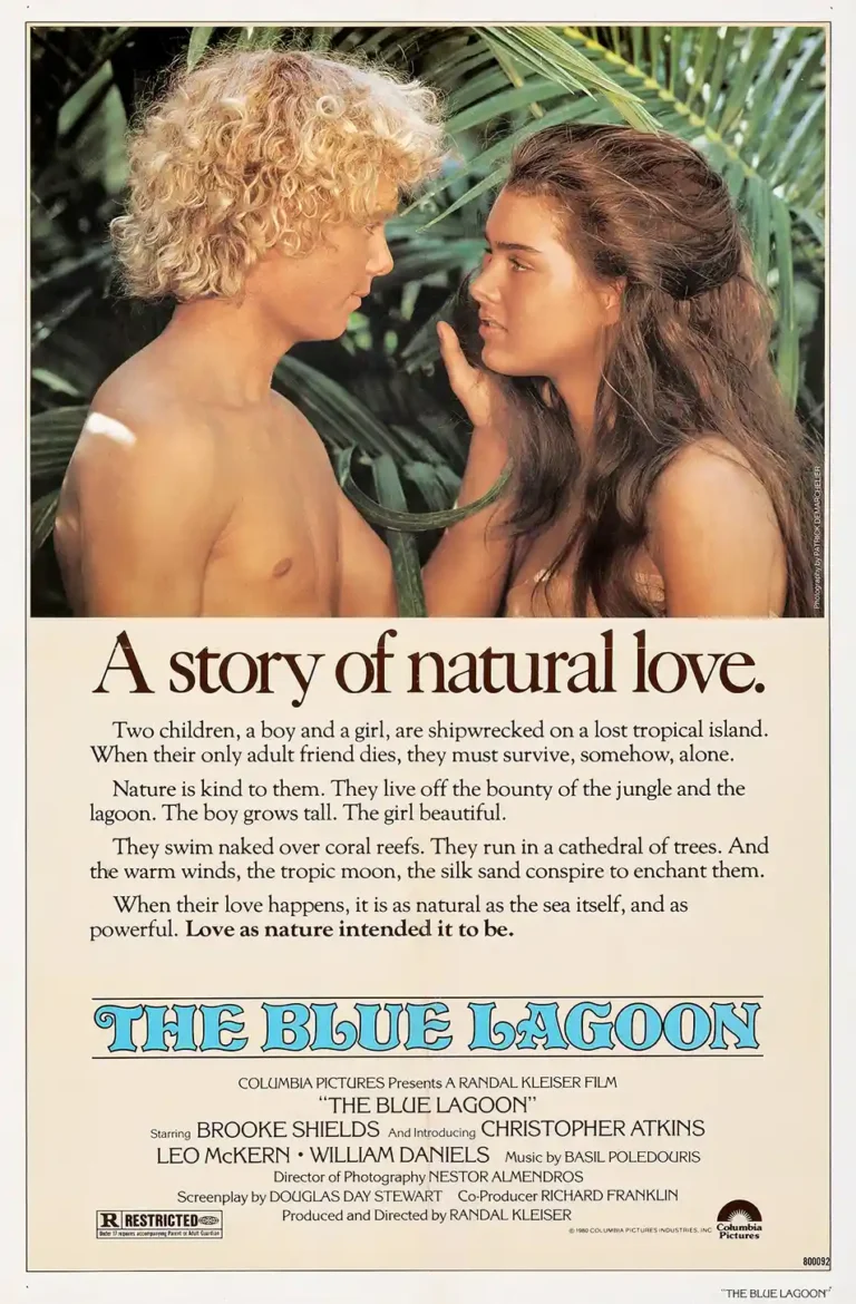 The Blue Lagoon 1980 Movie poster featuring Brooke Shields and Christopher Atkins in an intimate pose in a lush tropical jungle setting.