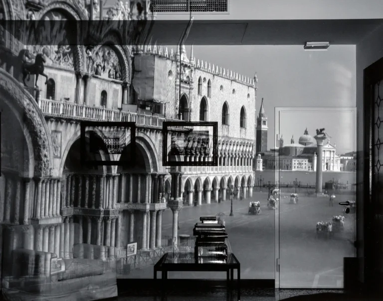 Abelardo Morell art poster featuring a camera obscura image of Doge's Palace and Piazza San Marco projected onto an interior space with furniture.