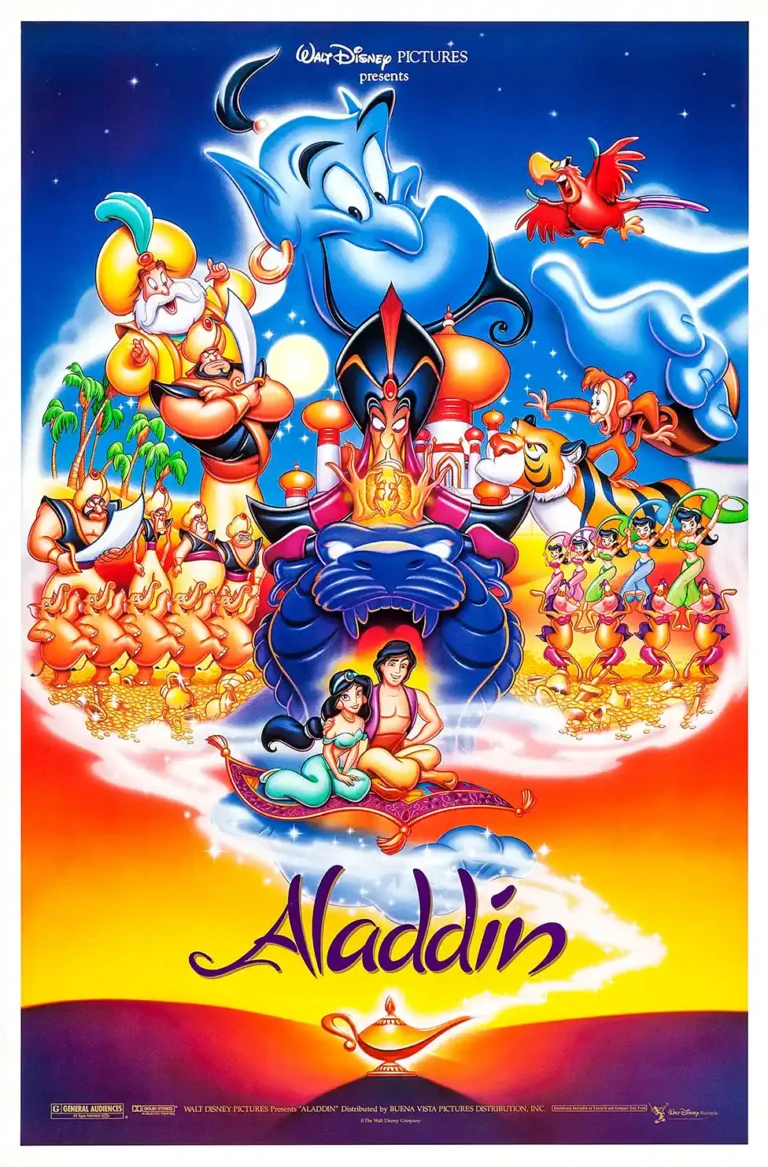 Aladdin Movie poster featuring the Genie, Princess Jasmine, Aladdin, Jafar, Abu, and Iago set against a magical, colorful Agrabah background.