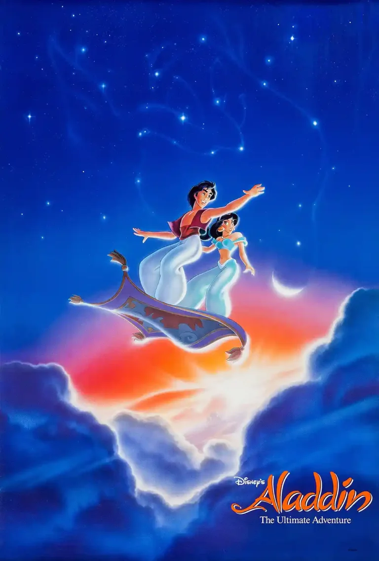 Aladdin Movie poster featuring Aladdin and Jasmine soaring on the Magic Carpet across a starry Arabian night sky. Classic Disney animation art print.