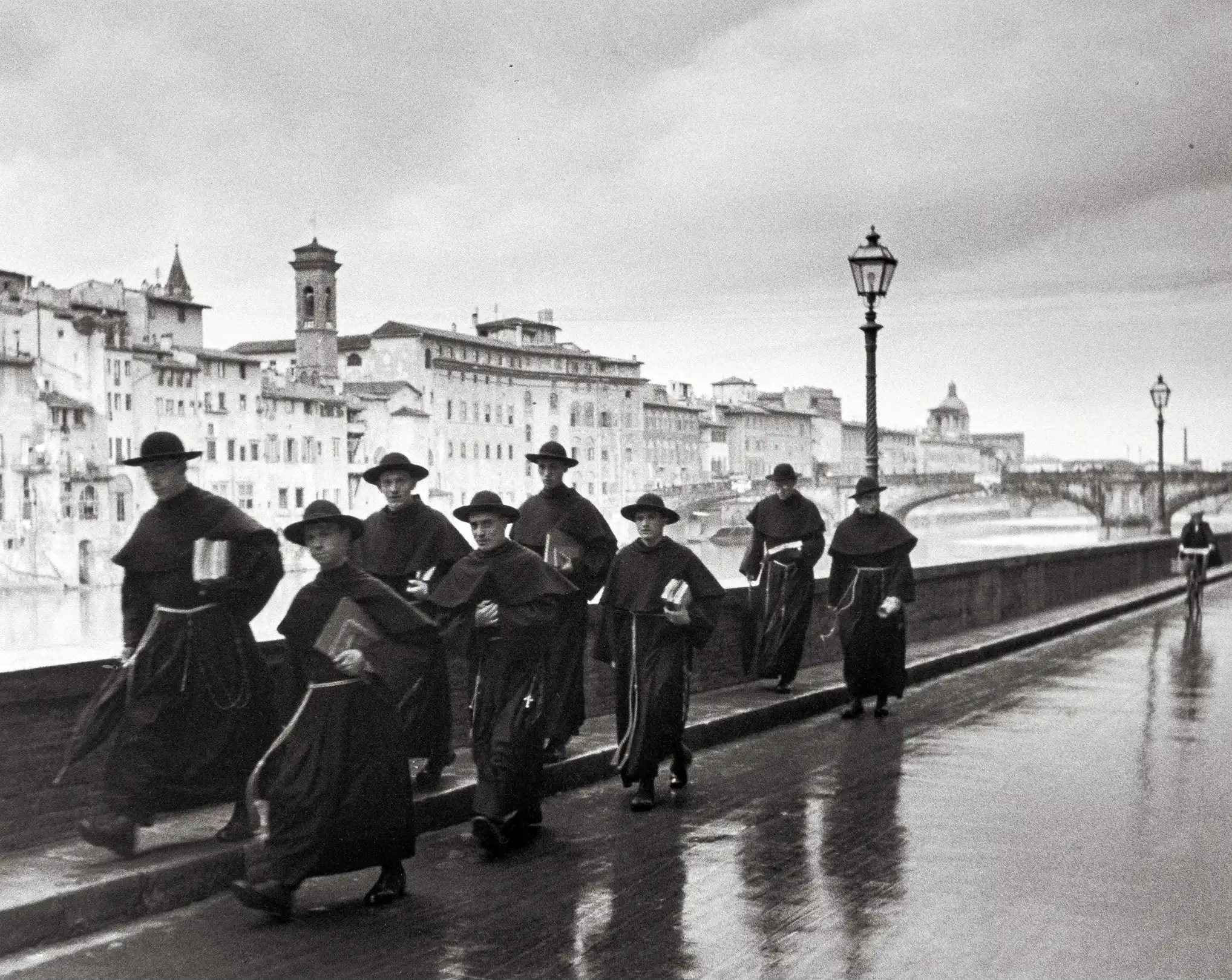 Eisenstaedt Monks on Arno Bridge Poster | Vintage Florence Photography Art