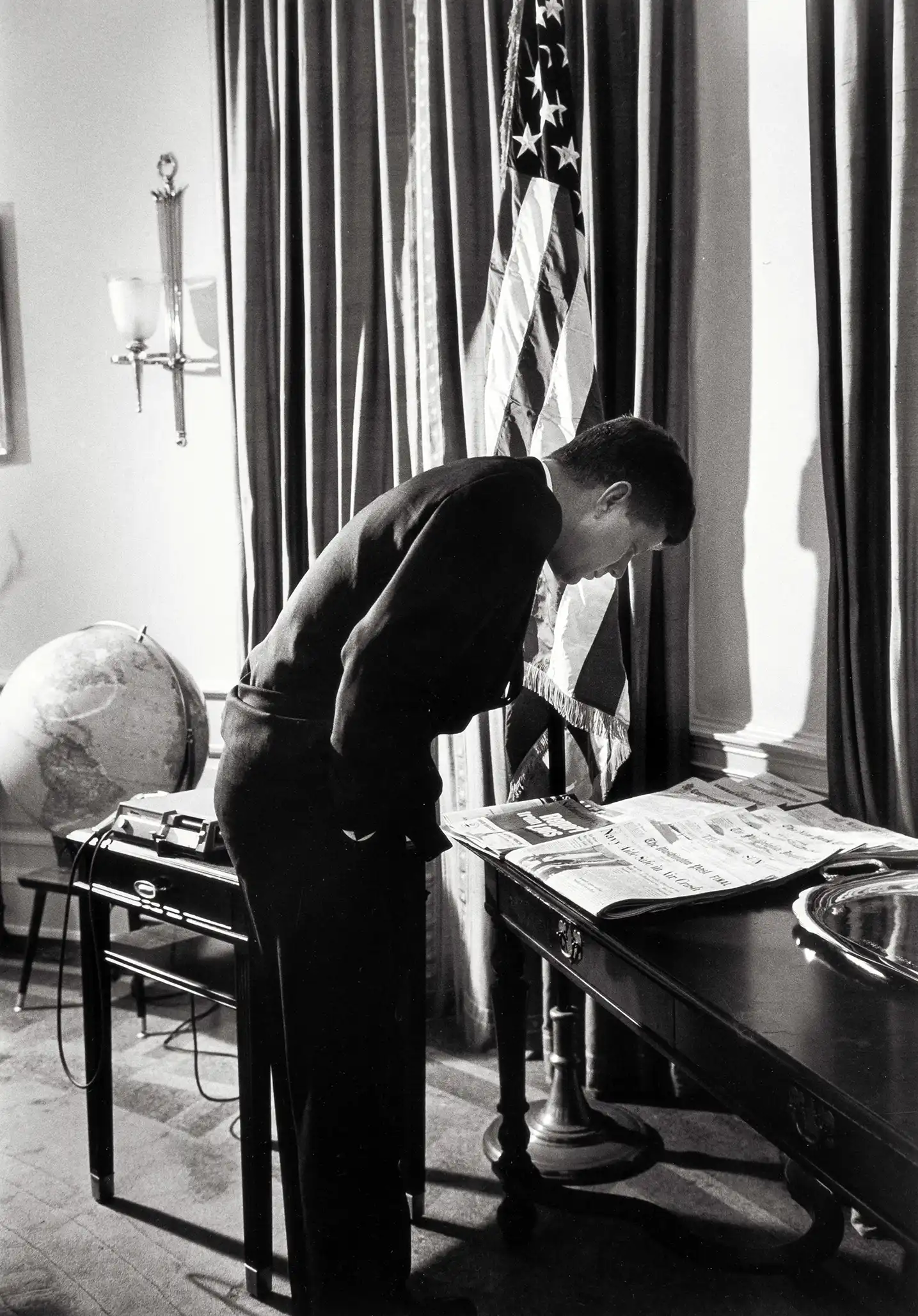 JFK Reading Newspaper | Historical Art Poster | Classic Black & White Photo