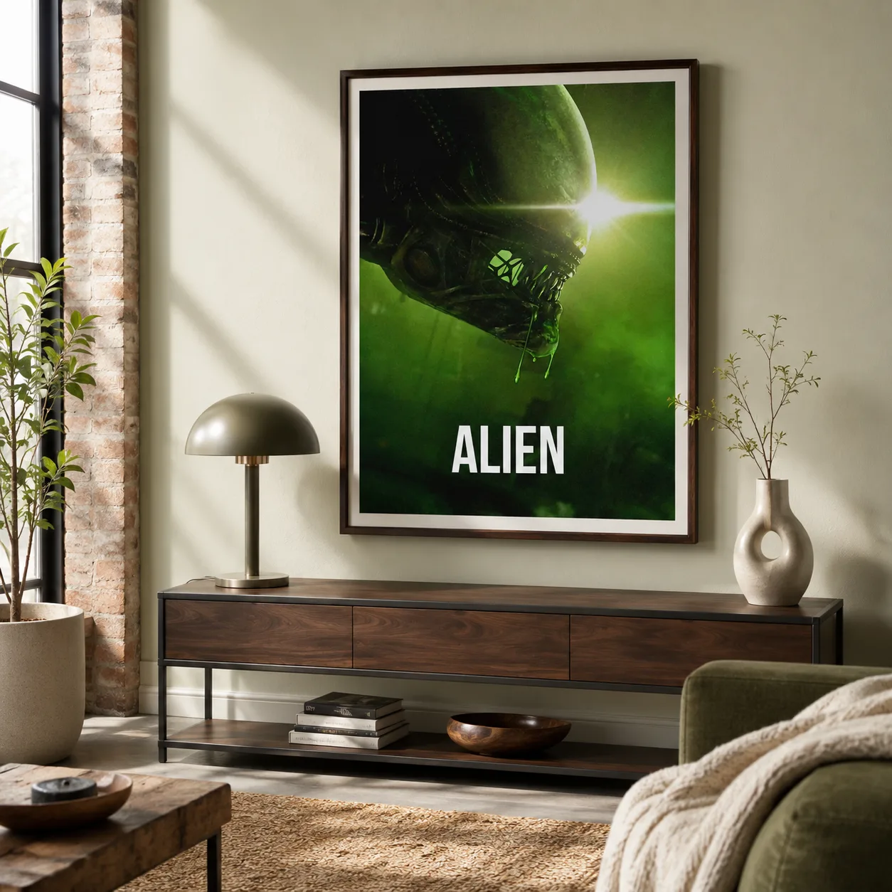 Room mockup of Alien 1979 Xenomorph Original Movie Poster, displayed as framed wall art in a home theater setting as a portrait print with green and white tones.