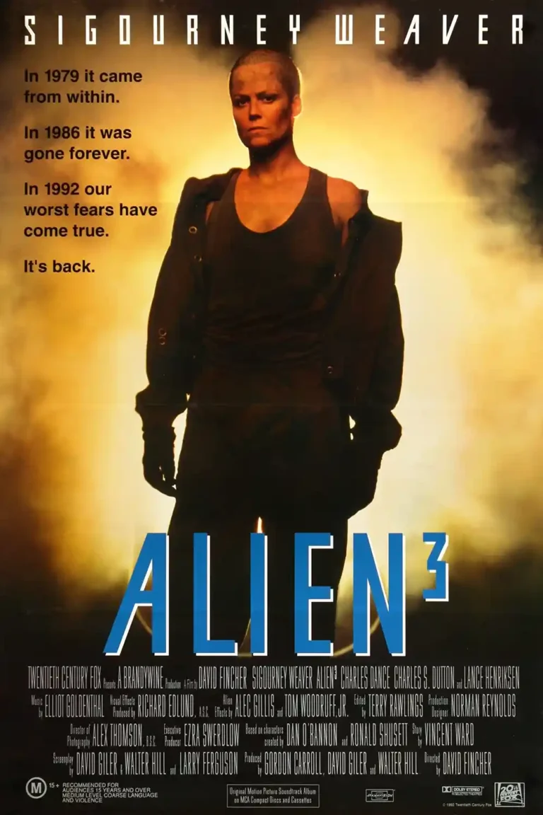 Alien 3 Movie poster featuring Sigourney Weaver as a stern Ellen Ripley with a shaved head against an ominous, fiery yellow background and smoke.