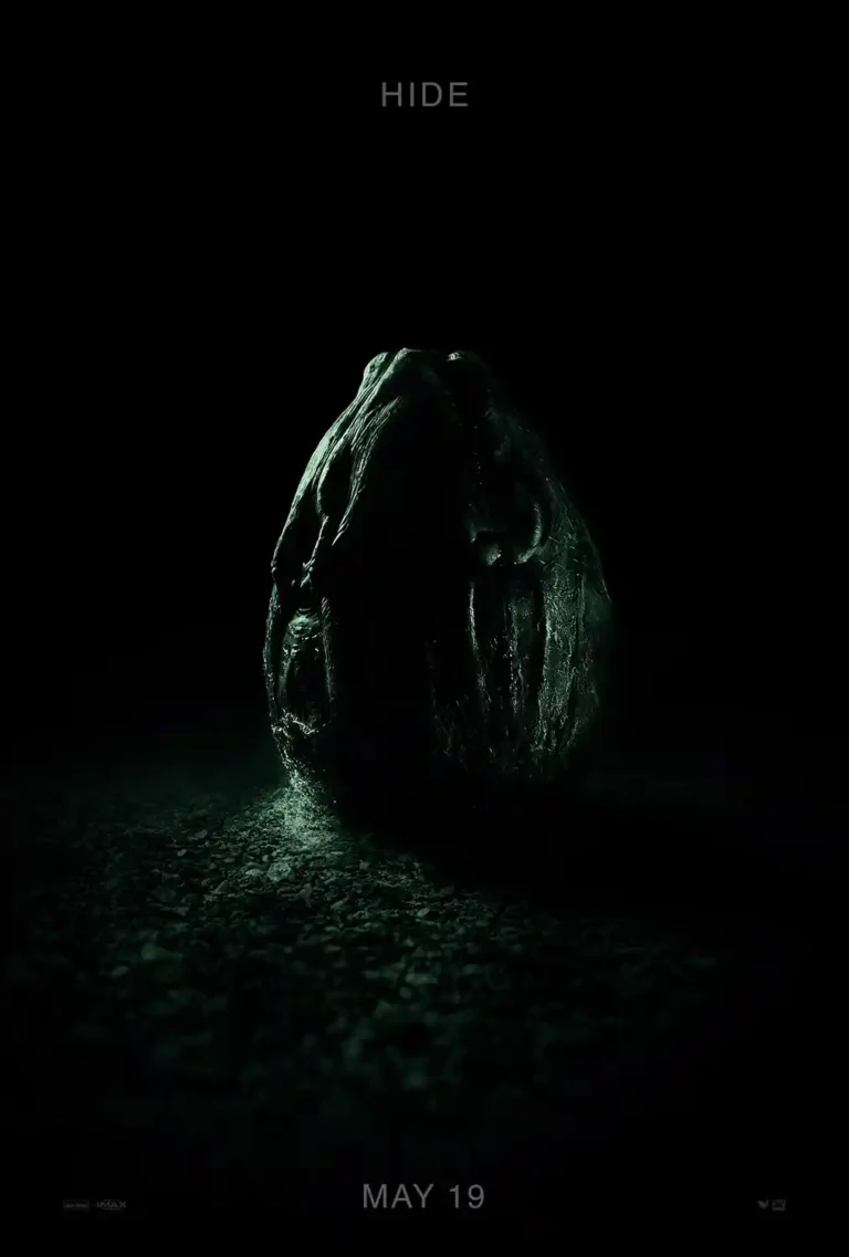 Alien: Covenant horror movie poster featuring a dimly lit, textured Ovomorph (Alien egg) on a dark, rocky ground with the word 'HIDE' above.