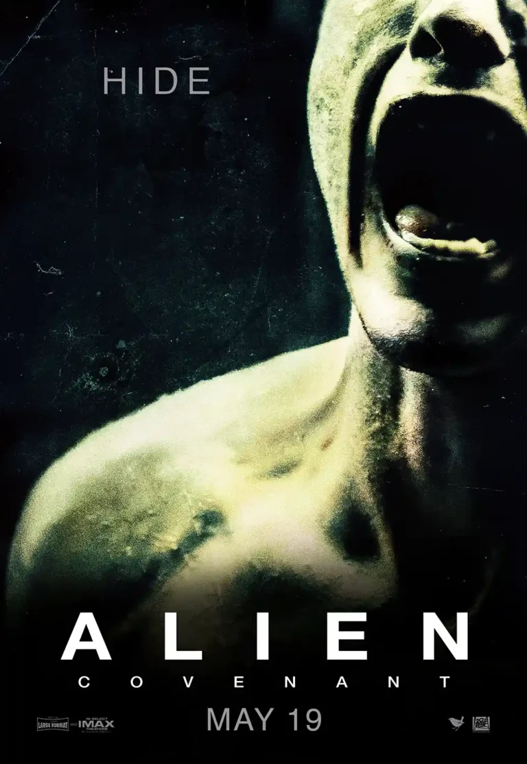 Alien: Covenant Movie poster featuring a terrifying close-up of a human screaming in agony against a dark, gritty background.