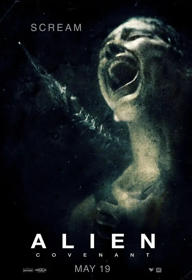 Alien Covenant Movie poster featuring a close-up of a person screaming against a heavily textured, dark background, promoting the 2017 film.