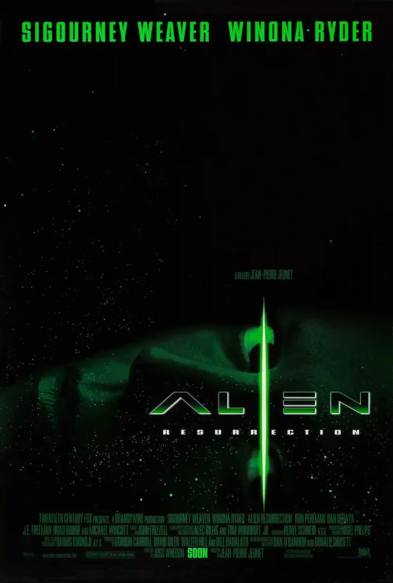 Alien Resurrection Movie poster featuring a minimalist black background and the Xenomorph eye glowing bright green.