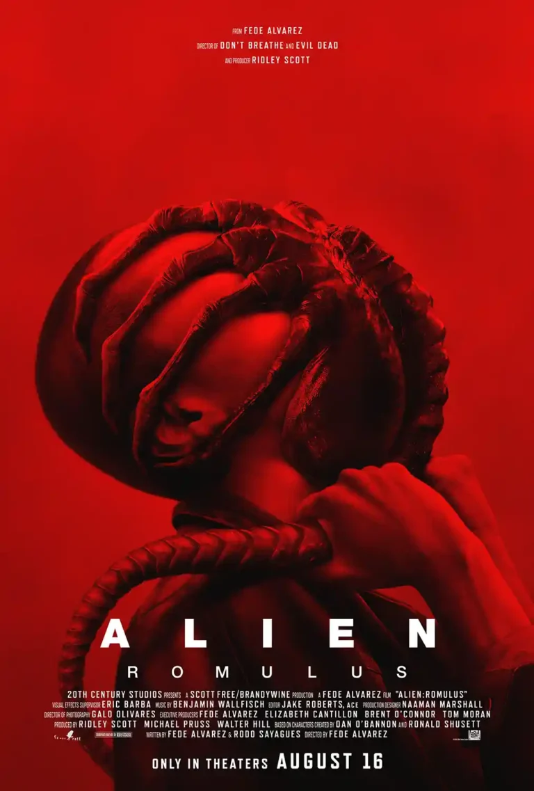 Alien: Romulus 2024 movie poster featuring a disturbing close-up of a Facehugger creature enveloping a human head in monochrome red.