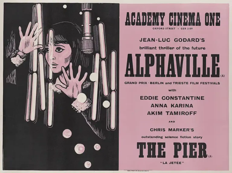Alphaville Movie poster featuring a graphic, black and pink illustration of Anna Karina behind bars with bold, vintage typography.