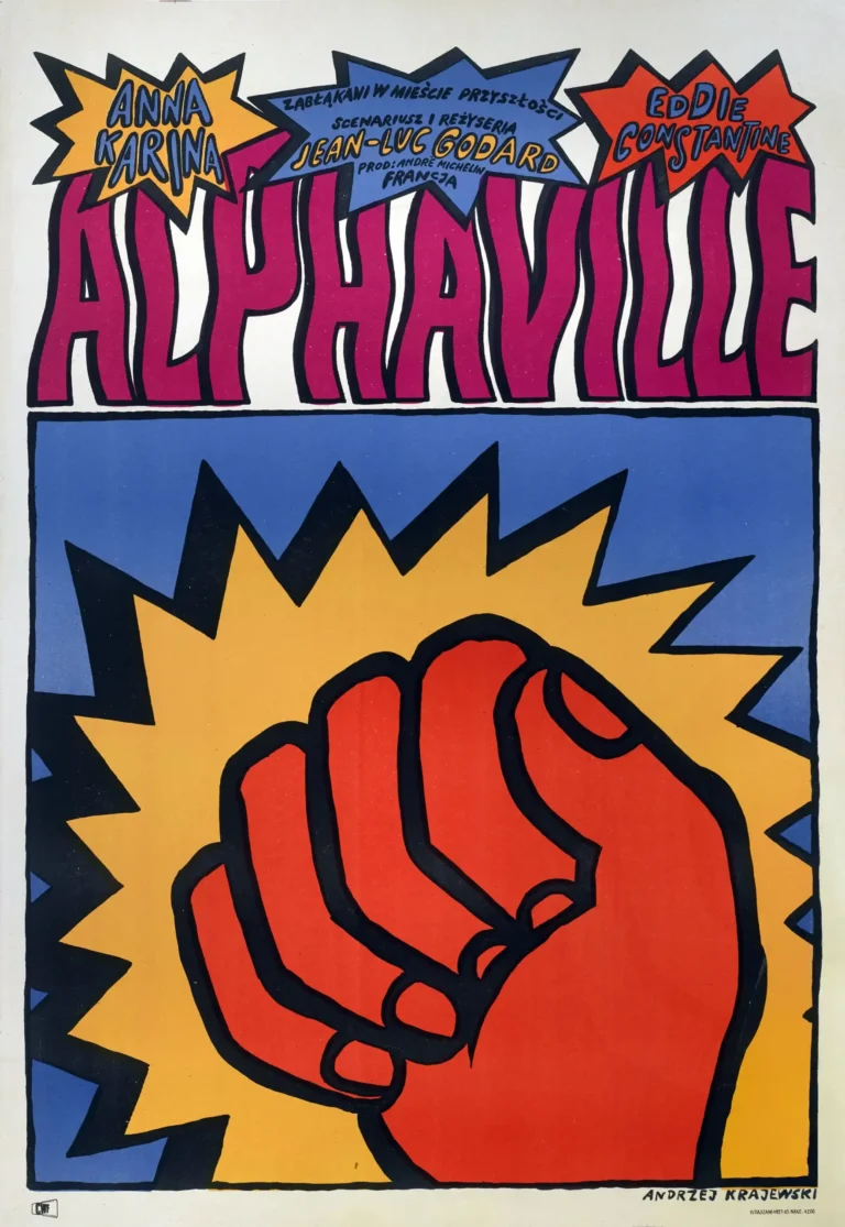 Alphaville 1965 Movie poster by Andrzej Krajewski featuring a large, stylized red fist against a yellow and blue background with bold pink typography.