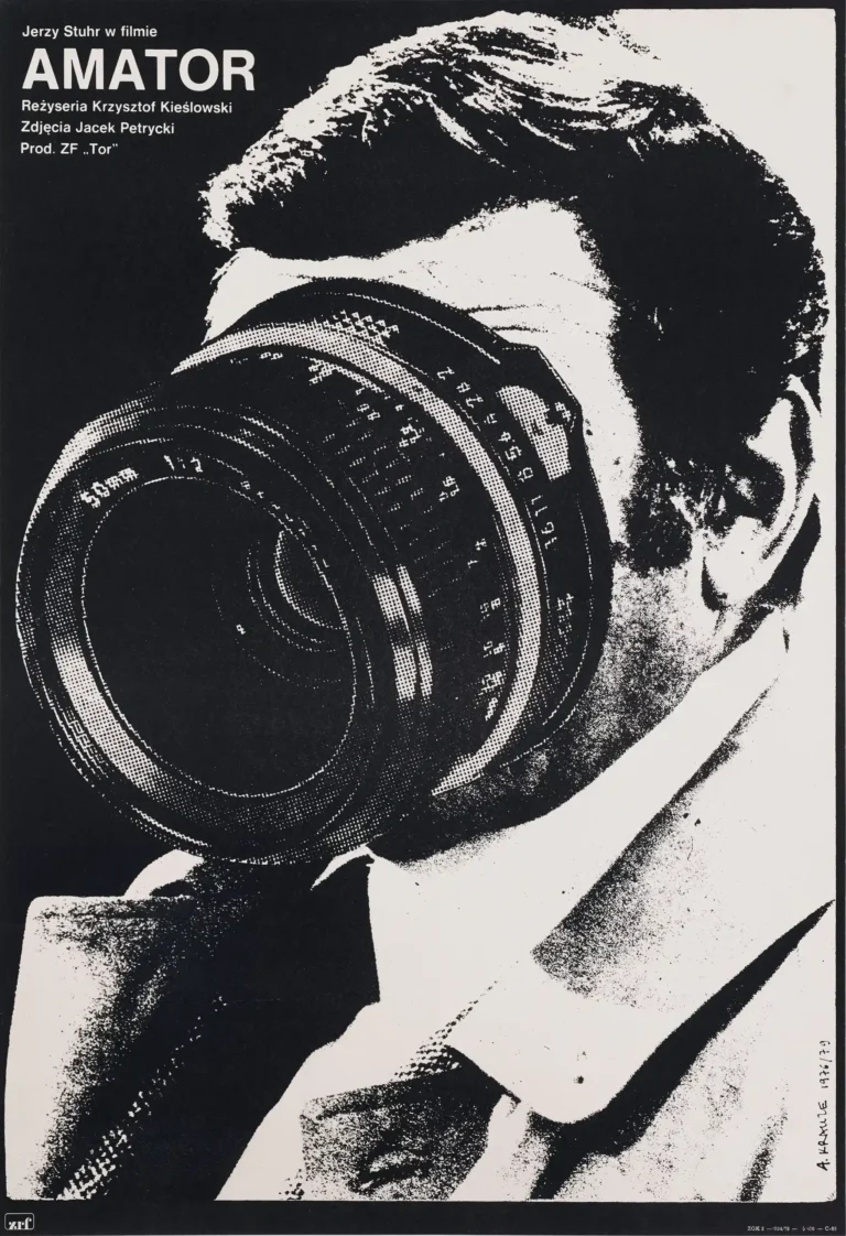 Amator (Camera Buff) Polish Movie poster in high-contrast black and white featuring a man with a large camera lens covering his face.