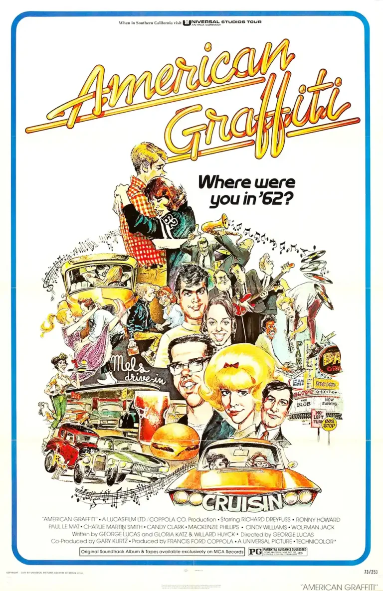 American Graffiti Movie poster featuring the iconic cast, hot rods, Mel's Drive-In, and vibrant retro 1960s cruising culture cartoon artwork illustration.