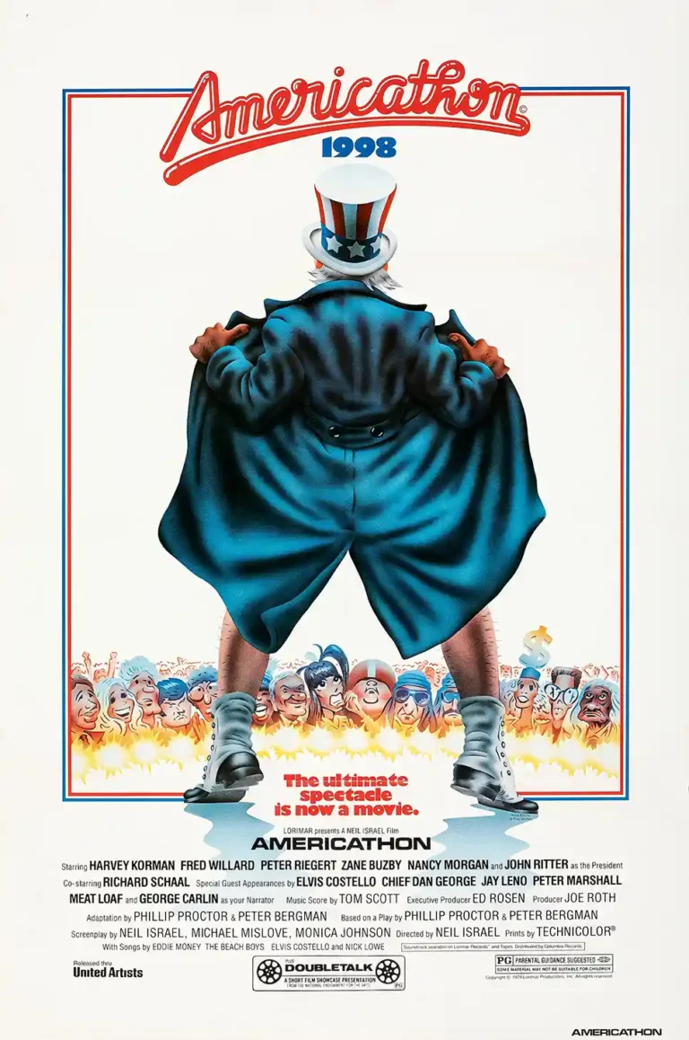 Americathon (1979) Movie poster featuring Uncle Sam from the back, lifting his coat to reveal bare legs to a large, cheering, cartoonishly drawn crowd.
